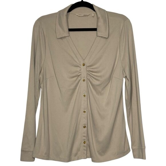 Soft Surroundings Tan Ruched Ribbed Button Down Shirt - Size Large - Picture 1 of 6